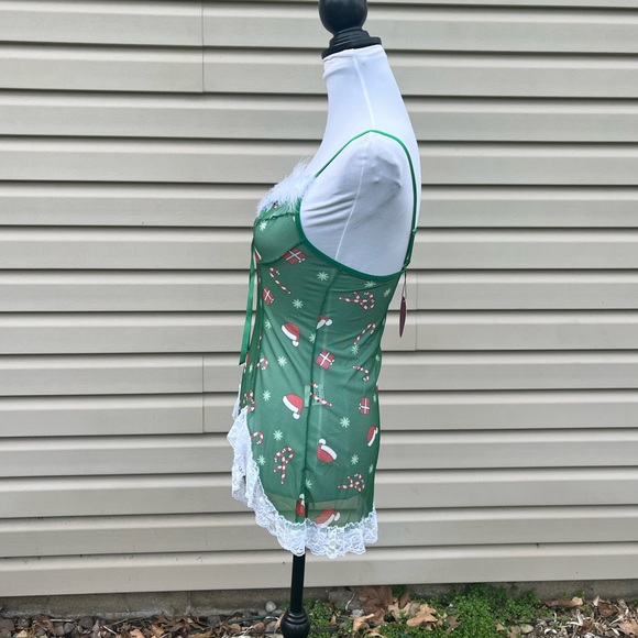 NWT Green Christmas Print Lingerie Santa Lace Babydoll Chemise Sleepwear - Picture 9 of 13